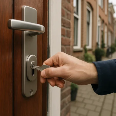 Close-up van moderne veiligheidsslot op houten voordeur met zicht op Amsterdamse gracht