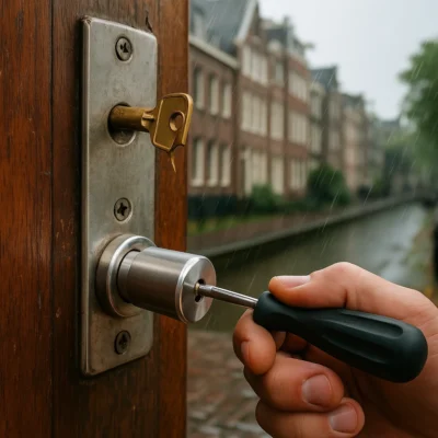 Slotenmaker vervangt cilinder in oude deur tijdens regenachtige dag in Amsterdam