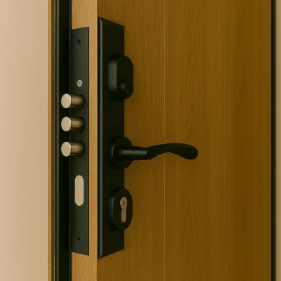 Close-up van een modern veiligheidsslot op een houten deur, met zwarte deurklink en drie stalen grendels zichtbaar.