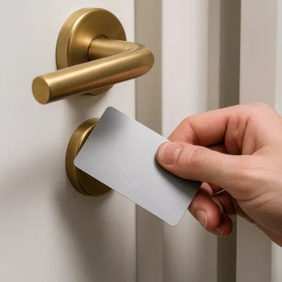 Hand probeert deur te openen met een kaart langs het slot
