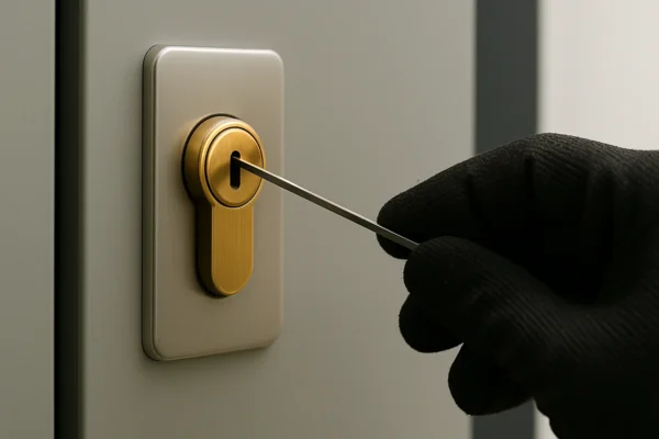 Close-up van een slotenmaker die met een lockpick een modern cilinderslot opent.