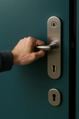 Hand opent moderne deurklink met cilinderslot