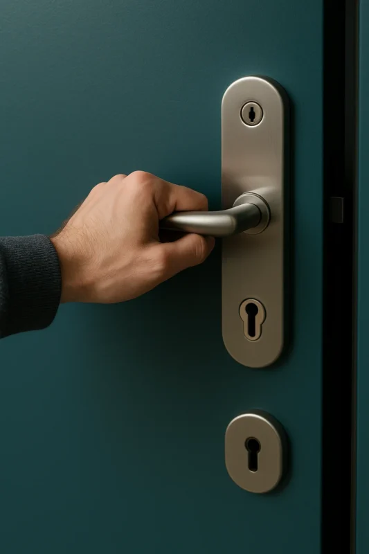 Hand opent moderne deurklink met cilinderslot