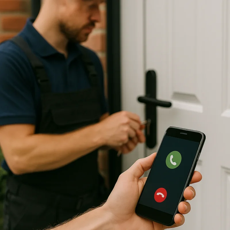 Close-up van een hand met smartphone waarop een lopend gesprek met een slotenmaker te zien is.