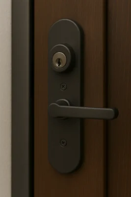 Close-up van een modern slot met donker beslag op een houten voordeur.