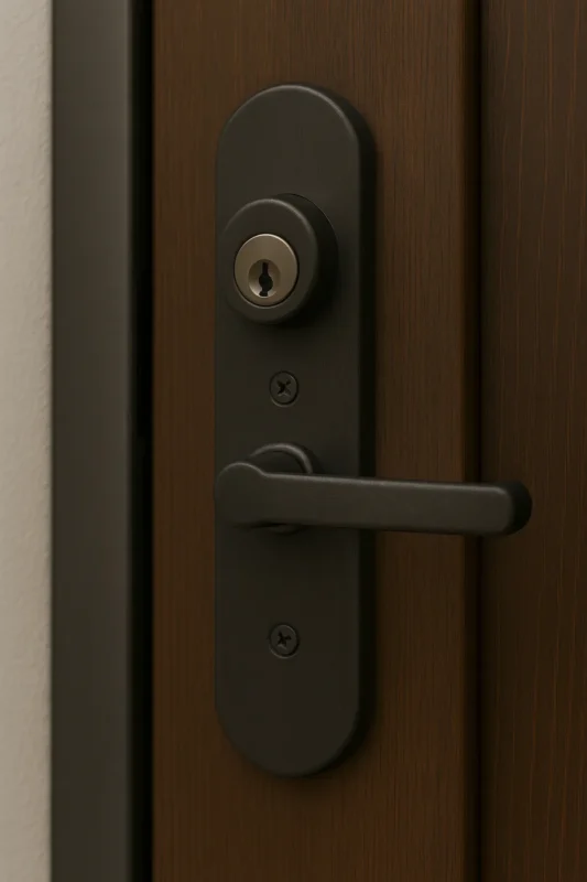 Close-up van een modern slot met donker beslag op een houten voordeur.
