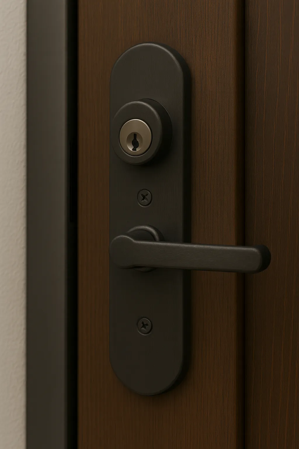 Close-up van een modern slot met donker beslag op een houten voordeur.