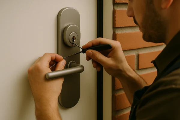 Slotenmaker opent een moderne deur schadevrij met professioneel gereedschap.