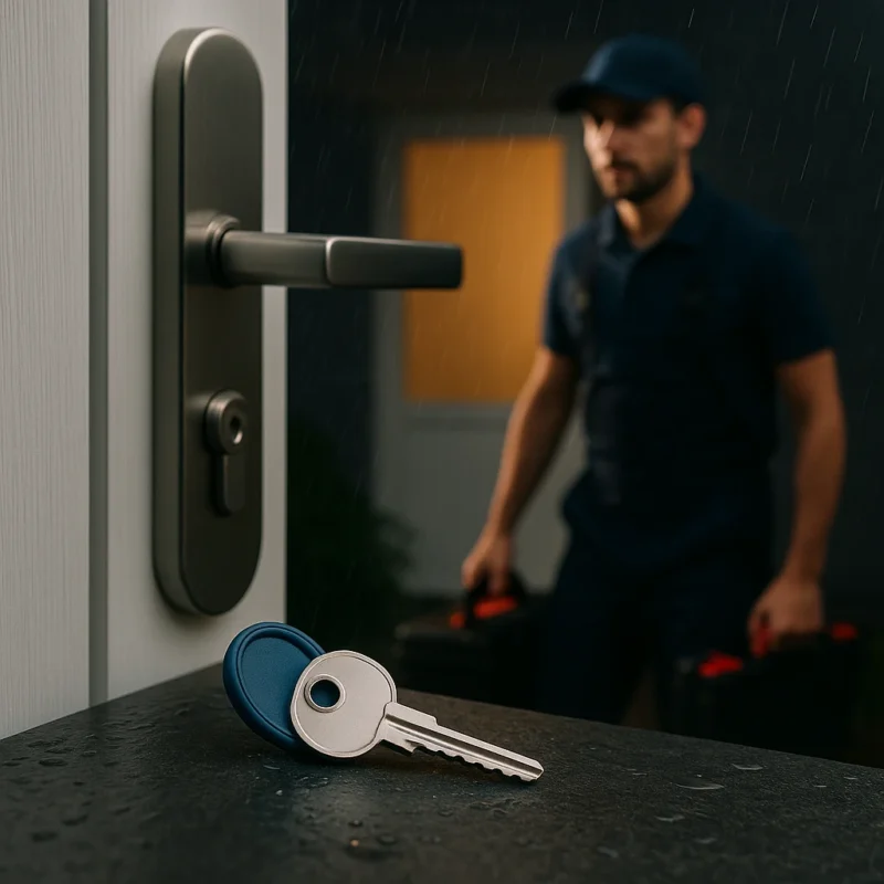 Sleutel op nat oppervlak bij deur, met slotenmaker op achtergrond