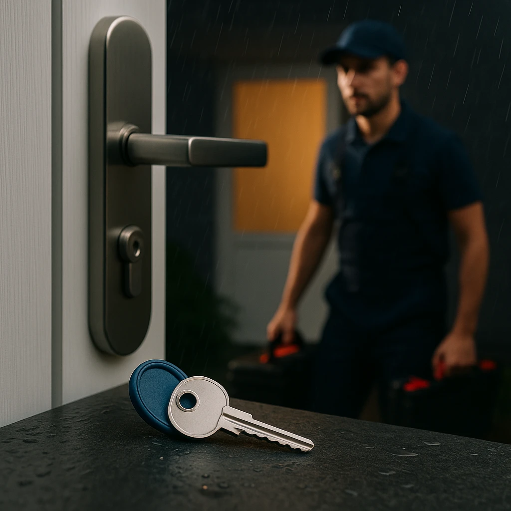 Sleutel op nat oppervlak bij deur, met slotenmaker op achtergrond