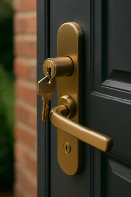 Close-up van een moderne houten voordeur met zwart SKG-gecertificeerd kerntrekbeveiligingsbeslag en sleutel in het slot.