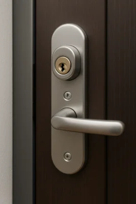Close-up van een moderne deurklink met cilinderslot en kerntrekbeveiliging.