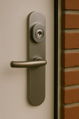 Close-up van een moderne voordeur met kerntrekbeveiliging en stevig deurbeslag.