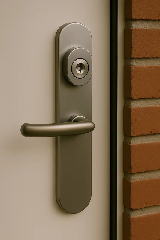 Close-up van een moderne voordeur met kerntrekbeveiliging en stevig deurbeslag.