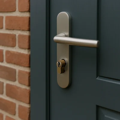 Close-up van een modern zilverkleurig deurslot op een donkerblauwe deur met lichte schade rond de cilinder.