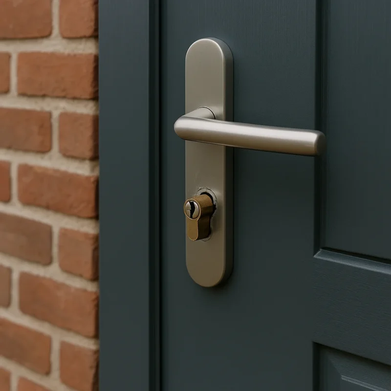 Close-up van een modern zilverkleurig deurslot op een donkerblauwe deur met lichte schade rond de cilinder.