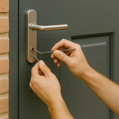 Close-up van handen die gespecialiseerd gereedschap gebruiken om een modern deurslot te openen.