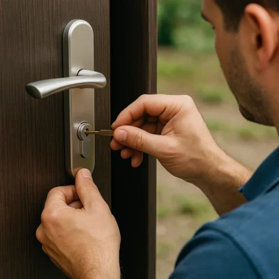 Slotenmaker ontgrendelt een donkerhouten deur met een moderne zilveren deurklink en cilinderslot.