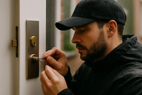 Slotenmaker opent buitendeur met lockpick tijdens regenbui.