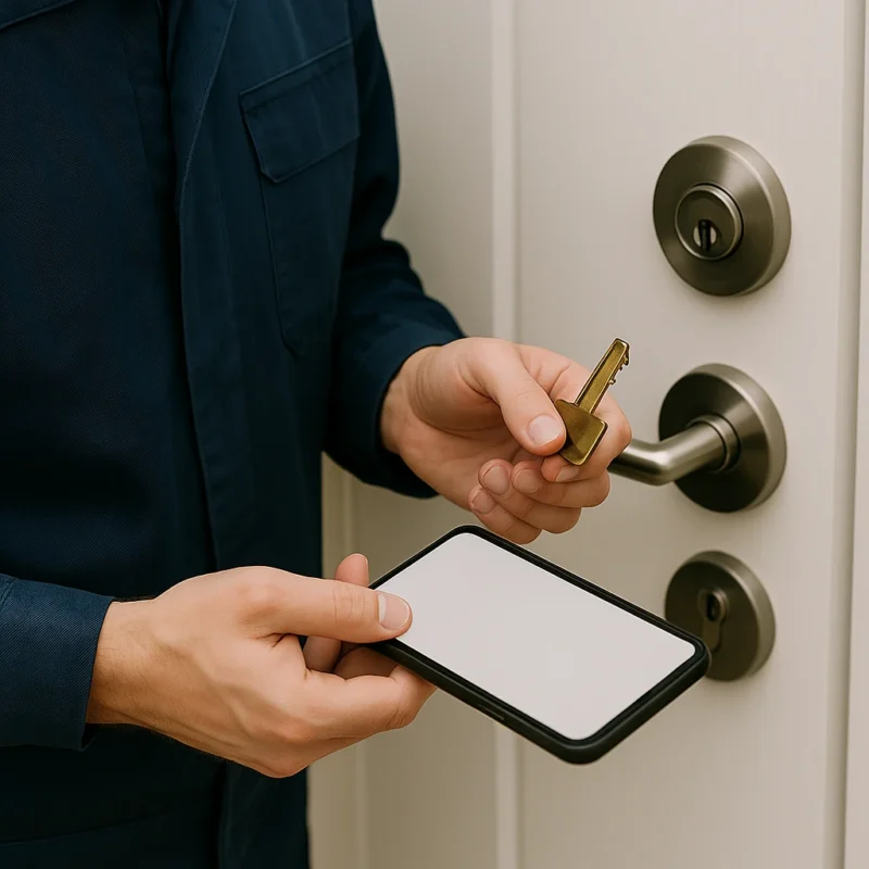 Slotenmaker controleert sleutel en smartphone bij moderne voordeur