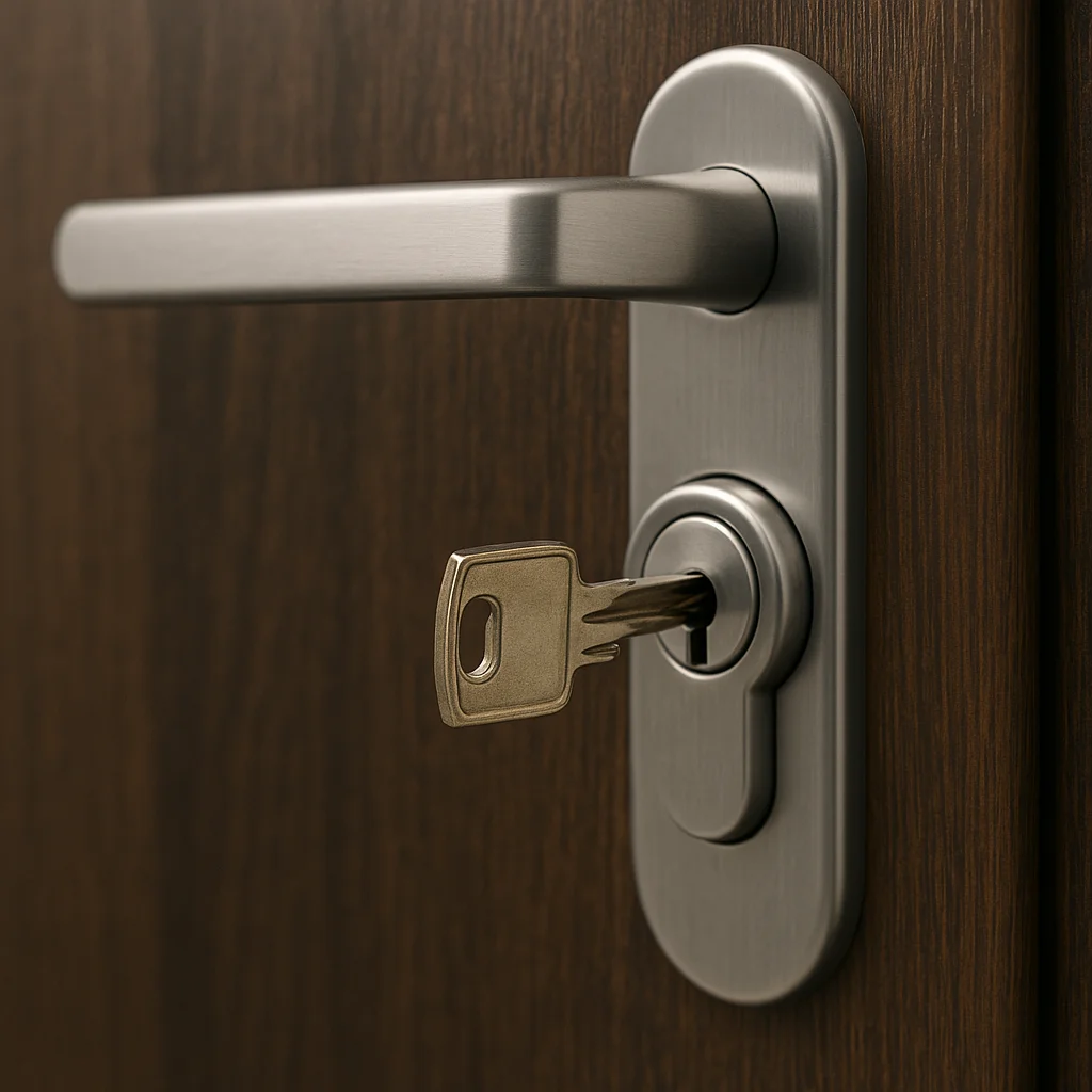 Close-up van een gebroken sleutel die vastzit in een modern zilverkleurig cilinderslot op een donkerhouten deur.