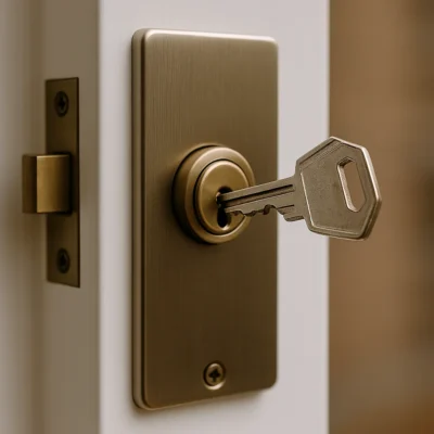 Afgebroken sleutel in een messing cilinderslot op witte deur.