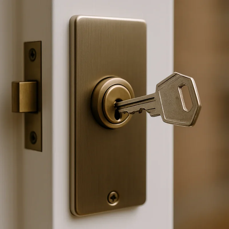 Afgebroken sleutel in een messing cilinderslot op witte deur.