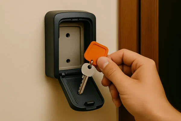 Hand plaatst een sleutel met oranje label in een zwarte sleutelkluis aan de muur.