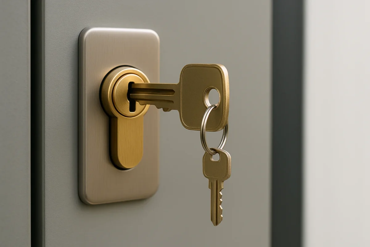 Close-up van een gouden sleutel in een modern cilinderslot met sleutelring.