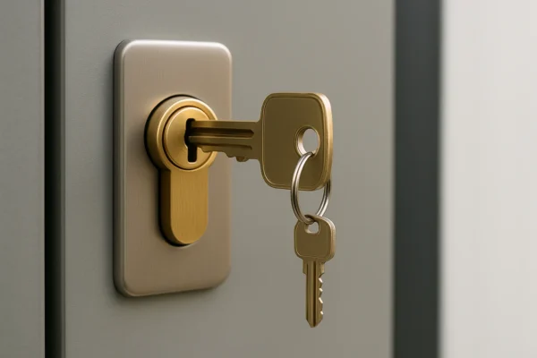 Close-up van een gouden sleutel in een modern cilinderslot met sleutelring.