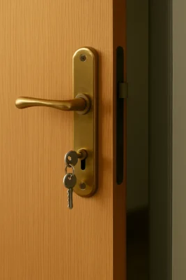 Sleutel blijft in de deur zitten in een messing deurslot.