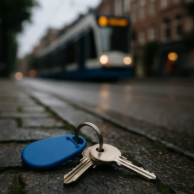 Een verloren sleutelbos met metalen sleutels en oranje sleutelhanger ligt op straatstenen in Amsterdam.