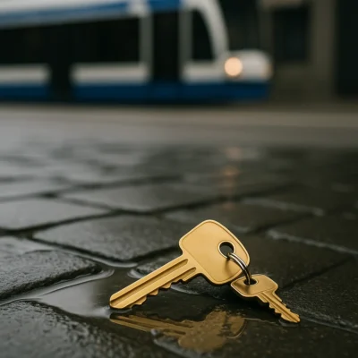 Close-up van twee gouden sleutels op natte straatstenen met een tram op de achtergrond.