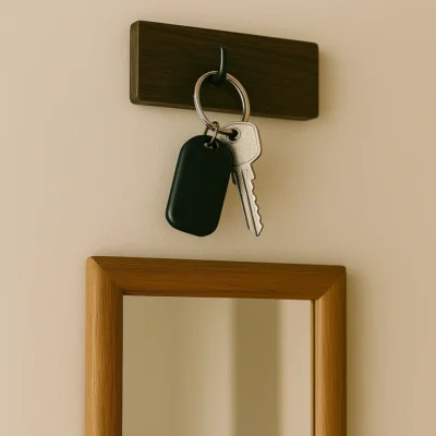 Huissleutels met zwarte sleutelhanger hangen aan een donkere houten haak boven een houten spiegel.