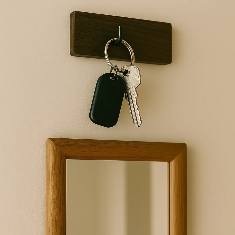 Huissleutels met zwarte sleutelhanger hangen aan een donkere houten haak boven een houten spiegel.