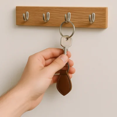 Hand die een sleutelbos van een houten sleutelrek haalt.
