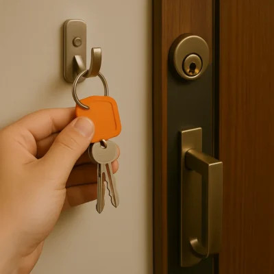 Sleutels met oranje hanger worden aan wandhaakje gehangen naast deur