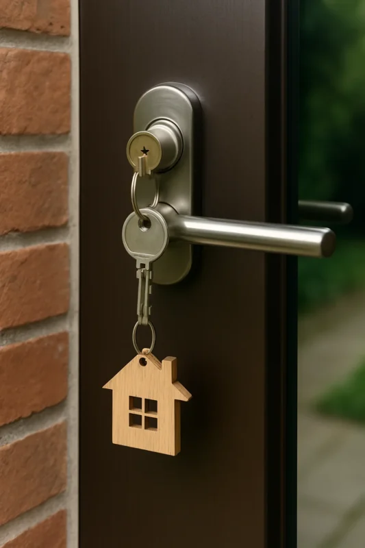 Close-up van een moderne deur met metalen deurklink en sleutel in het slot met een houten huisvormige sleutelhanger.