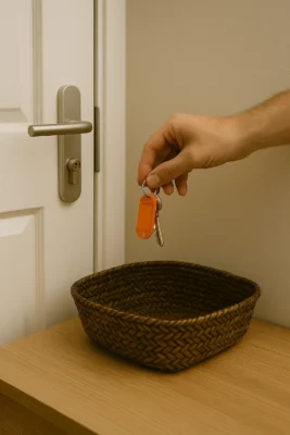 Hand legt sleutelbos met oranje tag in mandje bij een witte deur