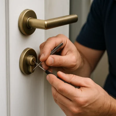 Handen gebruiken lockpicktools om een slot open te maken
