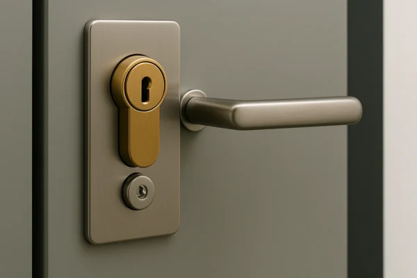 Close-up van een modern deurslot met goudkleurige cilinder en roestvrijstalen handgreep.