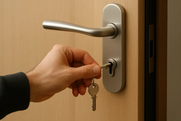 Hand steekt sleutel in modern cilinderslot