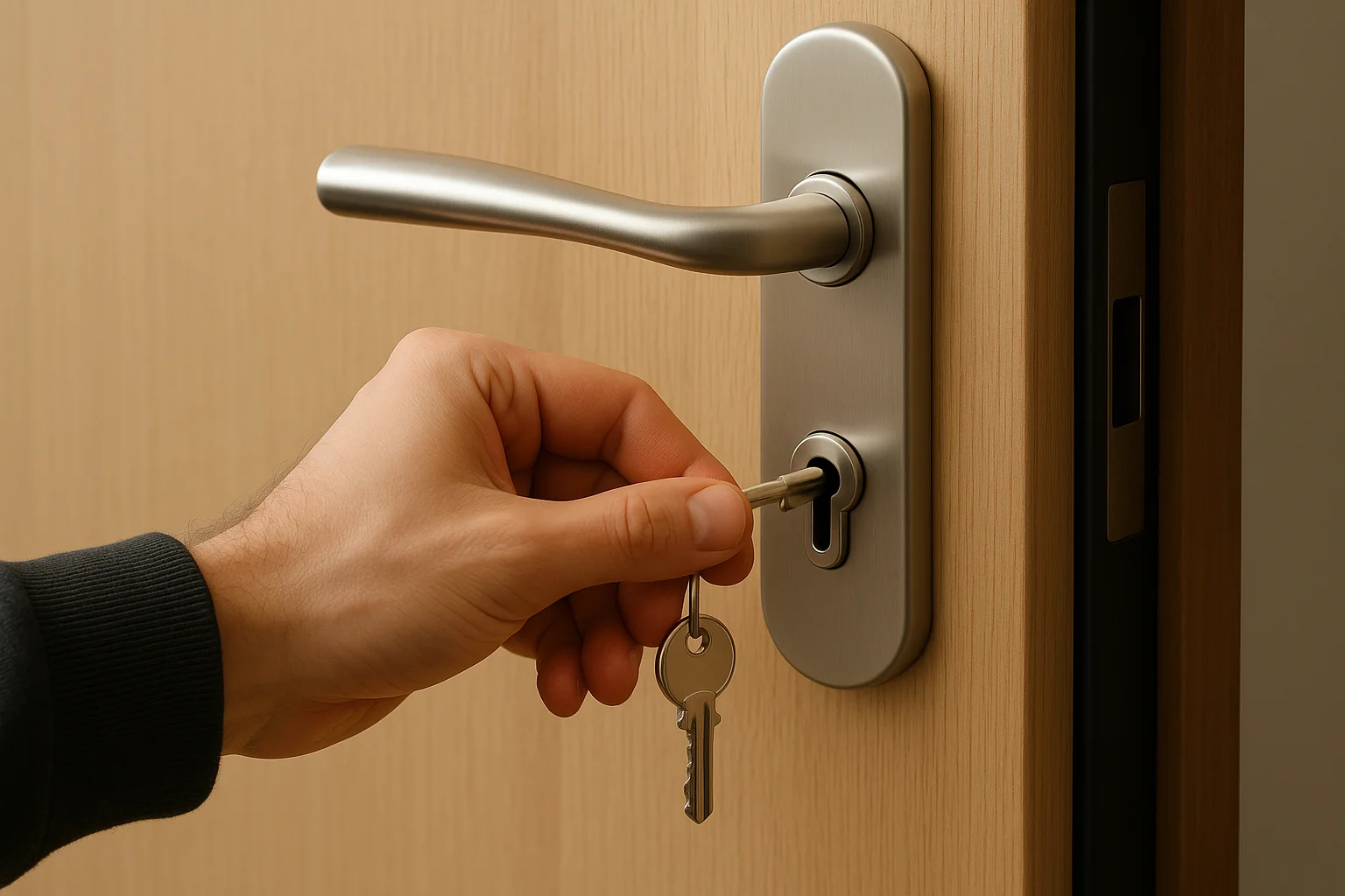 Hand steekt sleutel in modern cilinderslot