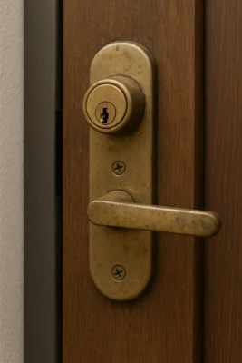 Close-up van een oud messing deurslot met slijtage.