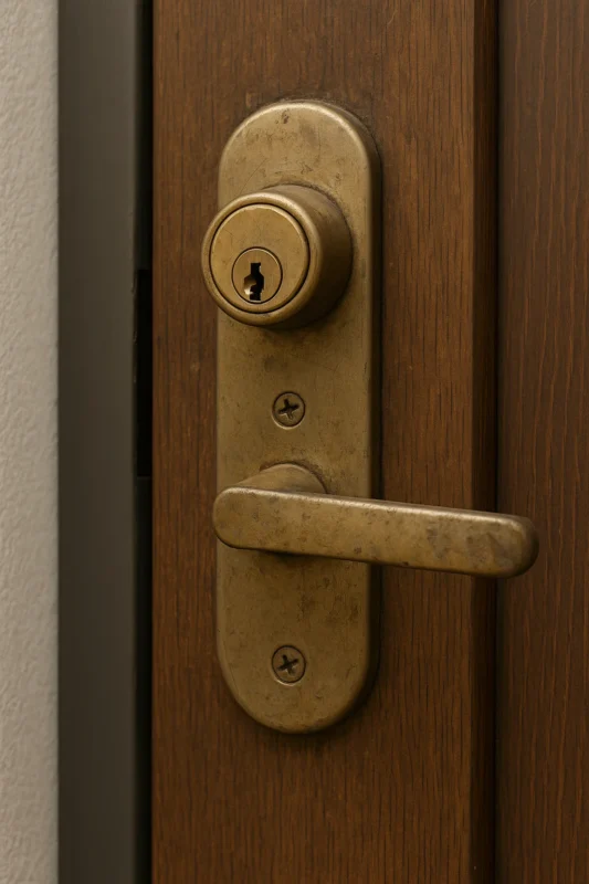 Close-up van een oud messing deurslot met slijtage.