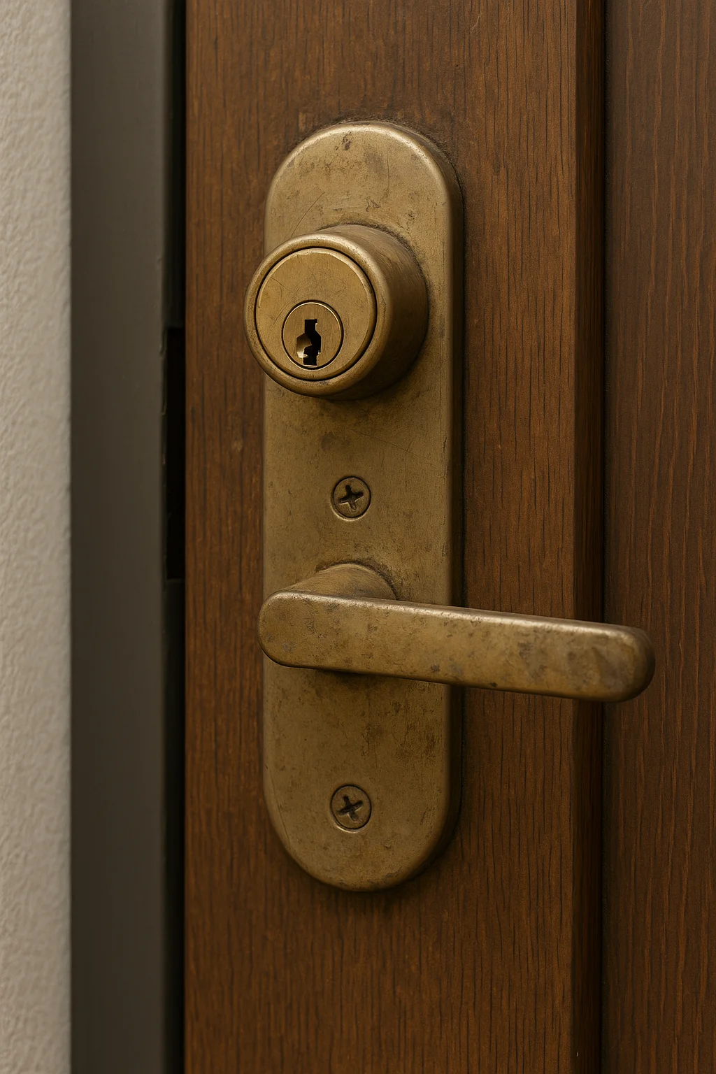 Close-up van een oud messing deurslot met slijtage.