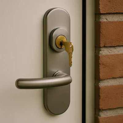 Close-up van een moderne deurcilinder met sleutel in het slot, symbool voor sloten vervangen.