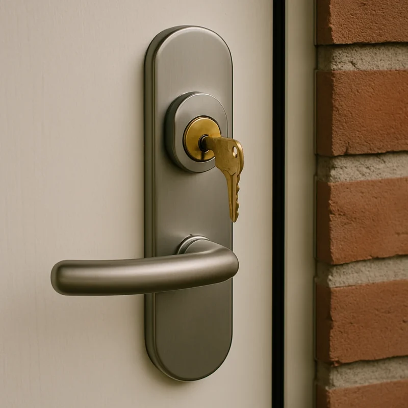 Close-up van een moderne deurcilinder met sleutel in het slot, symbool voor sloten vervangen.