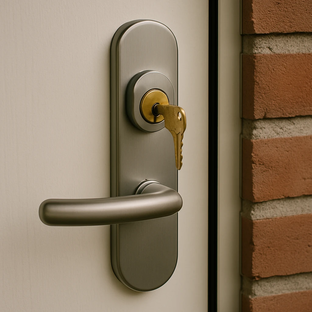 Close-up van een moderne deurcilinder met sleutel in het slot, symbool voor sloten vervangen.