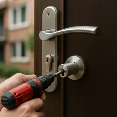 Close-up van een slotenmaker die een modern cilinderslot monteert op een donkerhouten deur met een accuboormachine.